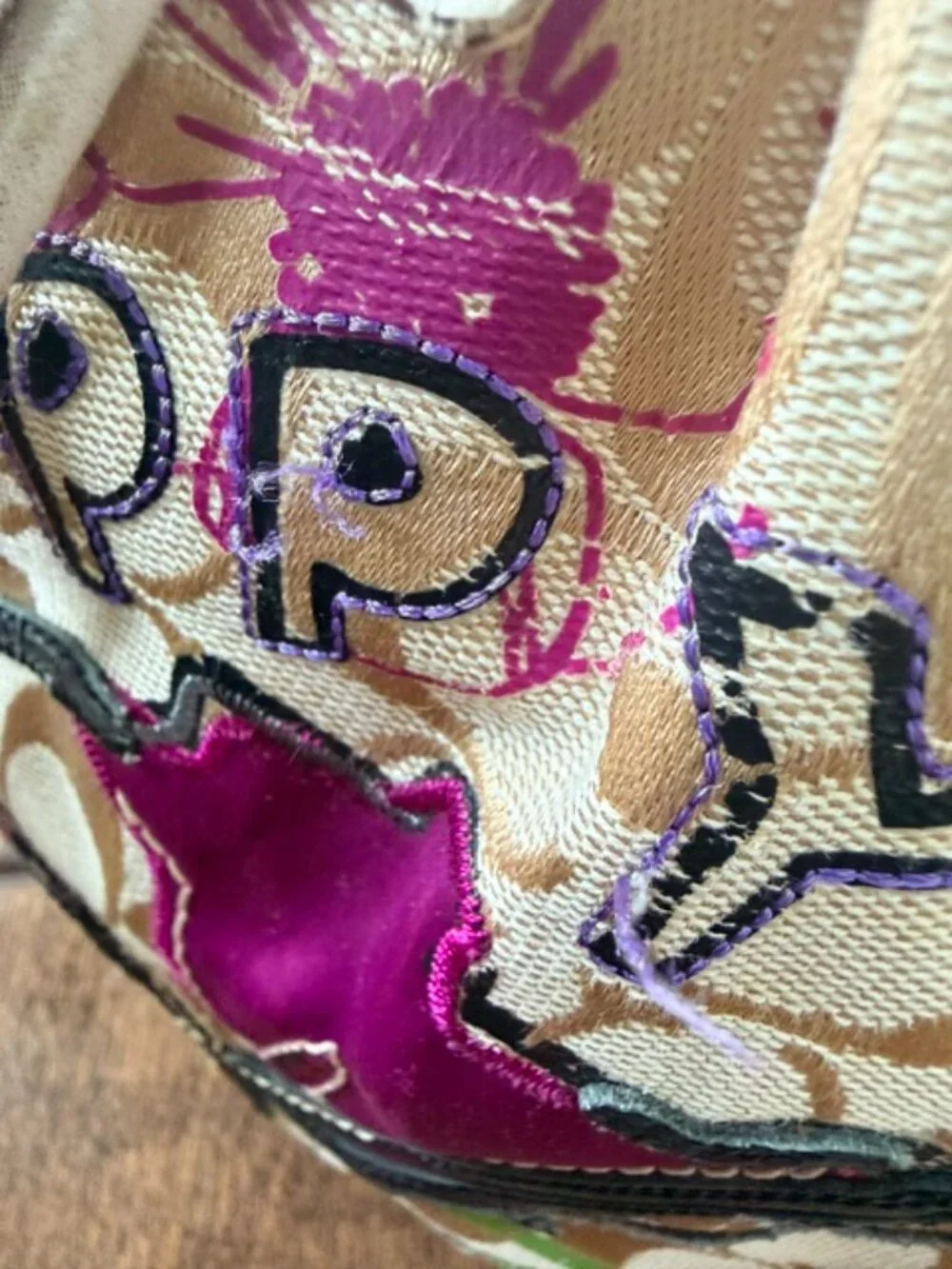 Coach Beige Signature Canvas Floral Poppy Satchel with Purple Accents